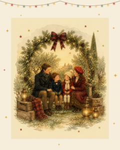 Illustration aquarelle d'une famille sous une arche de Noël dans un jardin provençal, journée de Noël photo à Saint-Rémy-de-Provence