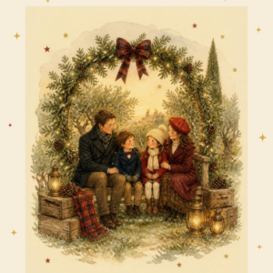 Illustration aquarelle d'une famille sous une arche de Noël dans un jardin provençal, journée de Noël photo à Saint-Rémy-de-Provence